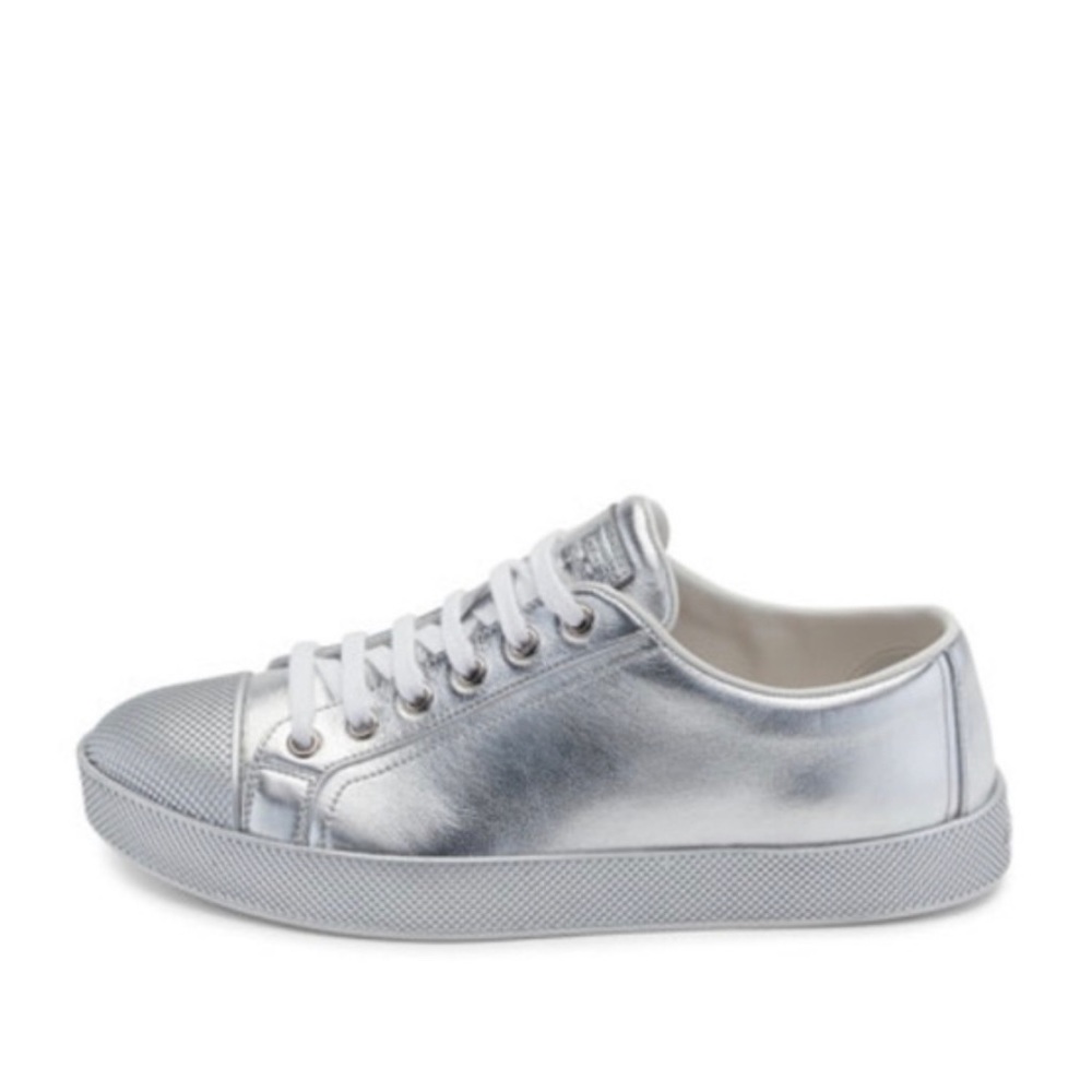 PRADA LINEA ROSSA SILVER METALLIC LEATHER SNEAKERS / SHOES LOW-TOP RETRO NWOT